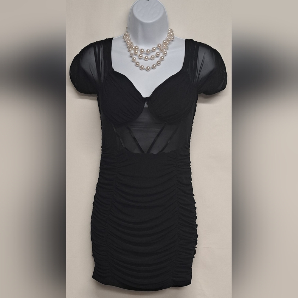 Papaya M Dress Stretch Ruched Sheer Below Bust And Sleeves Nice Condition!